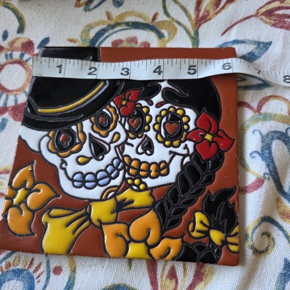 Earthtones Hand Glazed Tile Day of the Dead Skeleton Couple 6" x 6" Bride Groom - Picture 4 of 5
